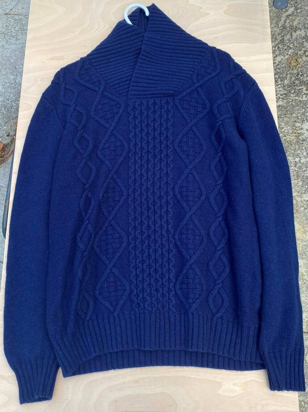 Fall/ Winter Superfine Wool Large Blue Cable Knit Shawl Collar Sweater Office/